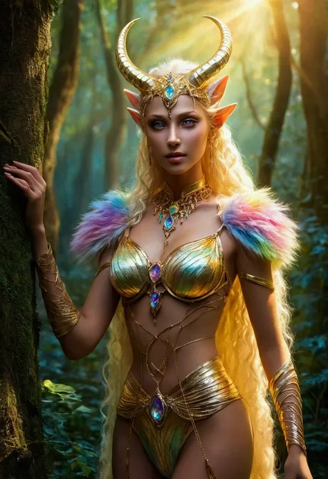 A beautiful, enchantingly elusive humanoid faunus woman, every aspect exudes magic in the midst of danger: shimmering rainbow fur, ethereal golden horn, and eyes that seem to hold the secrets of the universe. The mystical creature is surrounded by a lush, ...