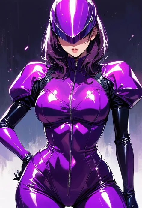 Allalyn stands on the floor in a shiny purple suit, latex shiny, Wearing a latex suit by Kudo Tsuko, wear a tight suit, smooth的紫色皮肤, purple body, shiny metallic skin, glossy plastic, futuristic glossy latex suit, glossy plastic armor, shiny skin, body-hugg...