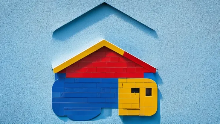 a close-up of a house with a red roof and a blue and yellow house, Red - yellow - blue building, logo without text, minimalist logo without text, using lego pieces to layout
