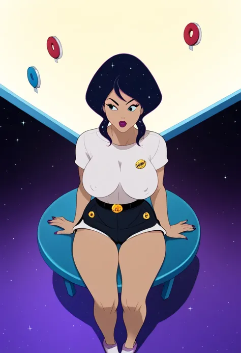 punctuation_9, punctuation_8_High above, punctuation_7_High above, punctuation_6_High above, A woman with cosmic hair and big breasts, is sitting cross-legged on top of a meteor. She wears a pair of shorts and a small shirt.. She is the Queen of the Galaxy...