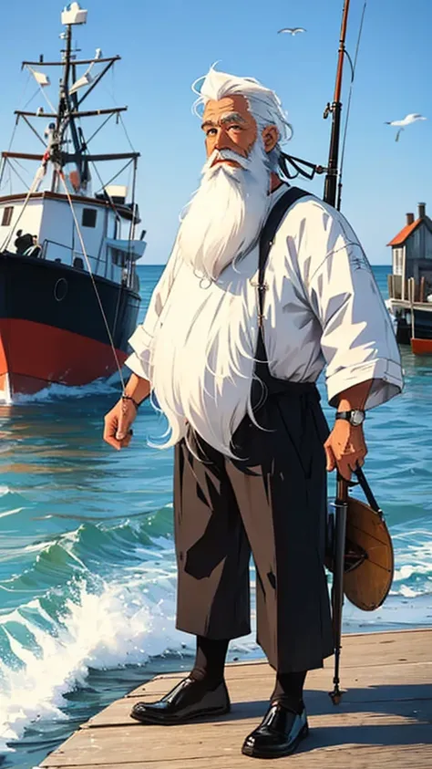 An old fisherman standing on his fishing boat, navigant sur la mer, white hair and beard, full  body, style manga, animated 