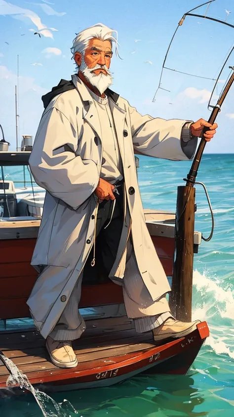 An old fisherman standing on his fishing boat, navigant sur la mer, white hair and beard, full  body, style manga, animated 