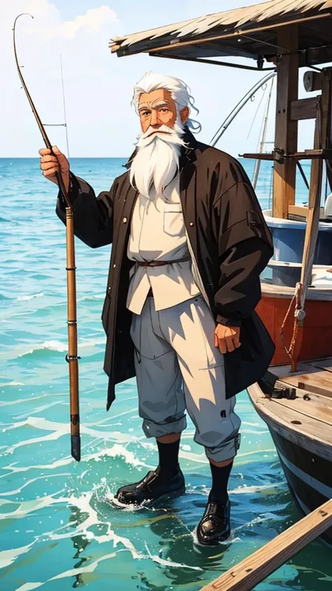 An old fisherman standing on his fishing boat, navigant sur la mer, white hair and beard, full  body, style manga, animated 