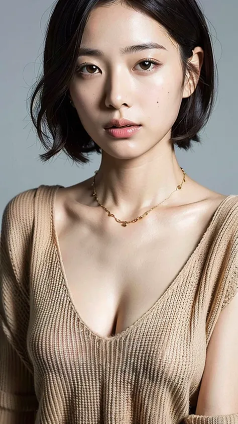 (Highest quality, 8K, 32k, masterpiece, Ultra-high resolution:1.2),Beautiful Japanese Women Photos, Large Breasts, Very short bob hair,Upper Body,Face Focus,Extra Large_sweater, necklace, Simple Background, From above, View your viewers,