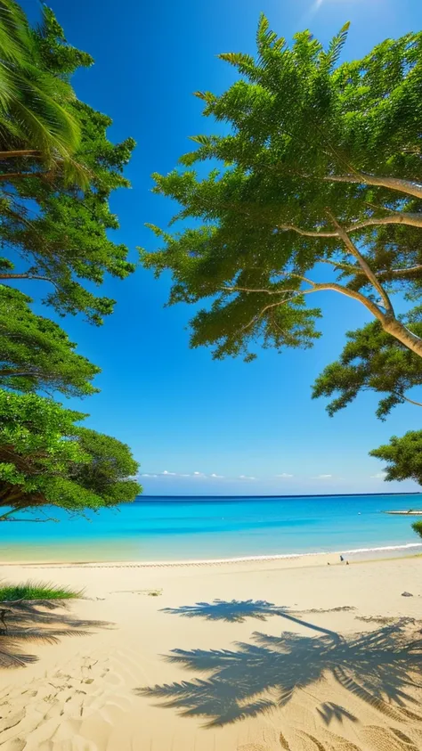 Transparent blue sea and white sand beach、Lush tree々A tranquil beach landscape surrounded by low-rise buildings
