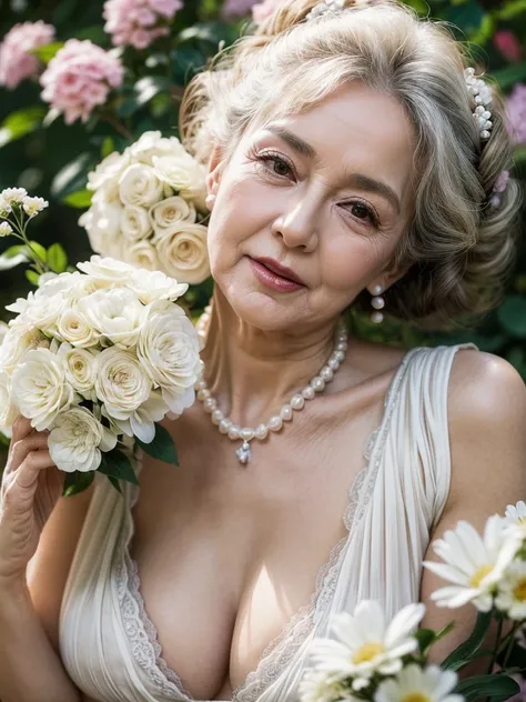 Beautiful elderly woman, cute,sexy,80 years old,,sexy,Wear a pearl necklace, Flowers in her hair, hair bunches, holding a little bunch of white flowers in her hand, posing with flowers, old woman, Ultra big Big saggy soft:1.4, Breasts, Curly Hair, big nipp...