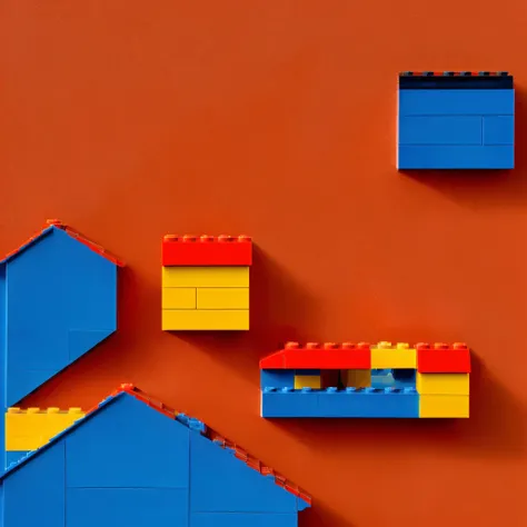 a close-up of a house with a red roof and a blue and yellow house, Red - yellow - blue building, logo without text, minimalist logo without text, using lego pieces to layout
