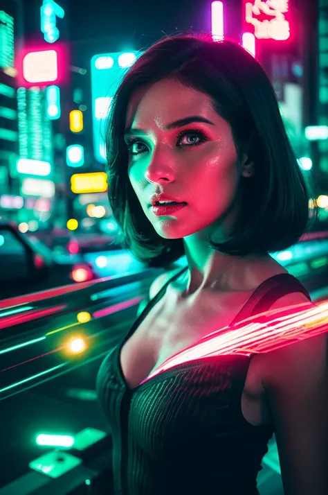 A surreal and vibrant cinematic photo of a glitching, collage portrait of a cyberpunk female, crafted with intricate layers of neon-lit cityscapes, fractured screens, and distorted reflections, blurring the lines between reality and virtual reality. The ph...