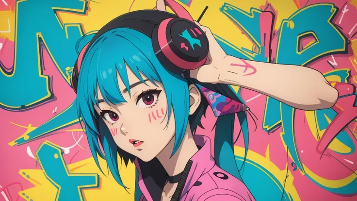 art poster, extra close-up, graffiti DJs girl dance on a chair with a DJs girl in her hand, graffiti art inspired by Tadanori Yokoo, pixiv, shock art, vivid colorful comic style, graffiti _ background ( smoke ), striking manga artstyle, anime style 4 k, gr...