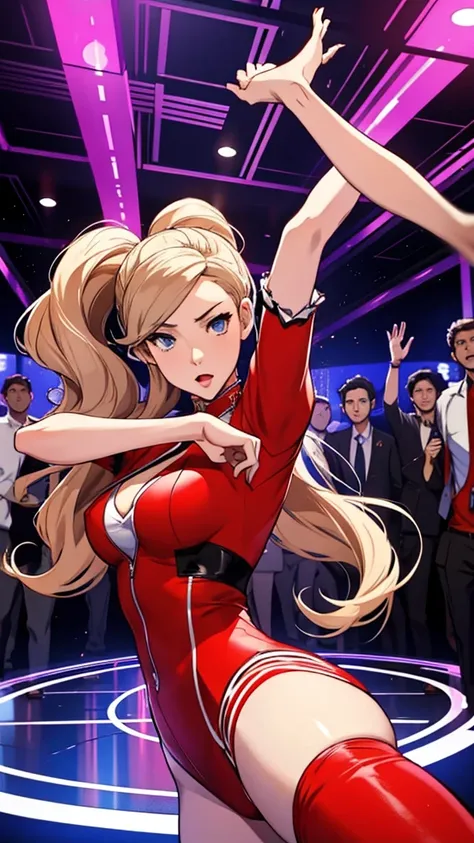 Masterpiece, dynamic shot, (multiple characters), 20 year old girl, ann takamaki dancing in a club, surrounded by men, revealing outfits