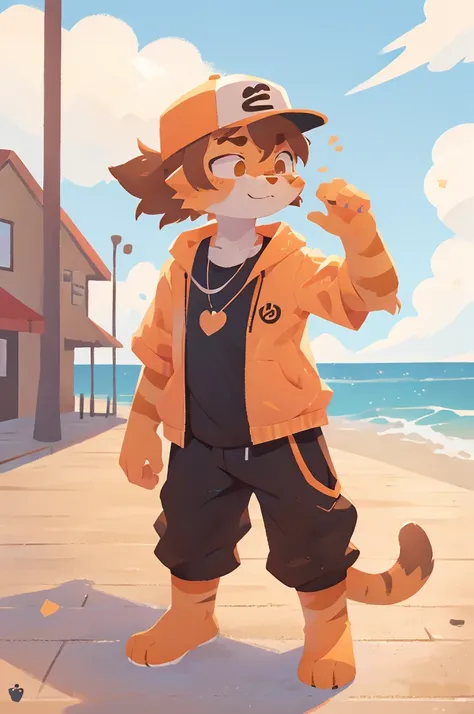 orange cat, dabbing, furry, anthro, athletic clothes, backwards hat, orange tabby, 1male, boardwalk, sfw, dab, chest fluff, brown hair