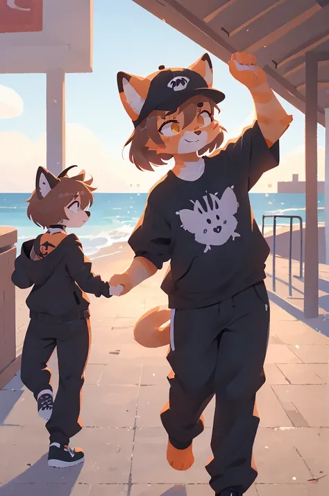 orange cat, dabbing, furry, anthro, cat in athletic clothes, backwards hat, orange tabby, 1male, boardwalk, sfw, dab, chest fluf...