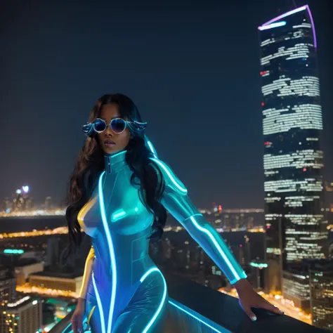 amid the vastness of a futuristic metropolis, a black woman of stunning beauty stands at the top of a skyscraper, surrounded by ...