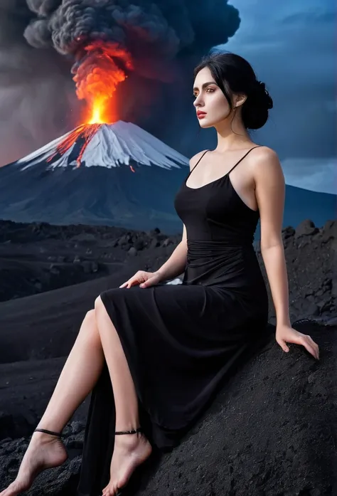 core_9, score_8_up, score_7_up, score_6_up, goddess woman, laziness in the eyes, black hair black dress, volcano in the backgrou...