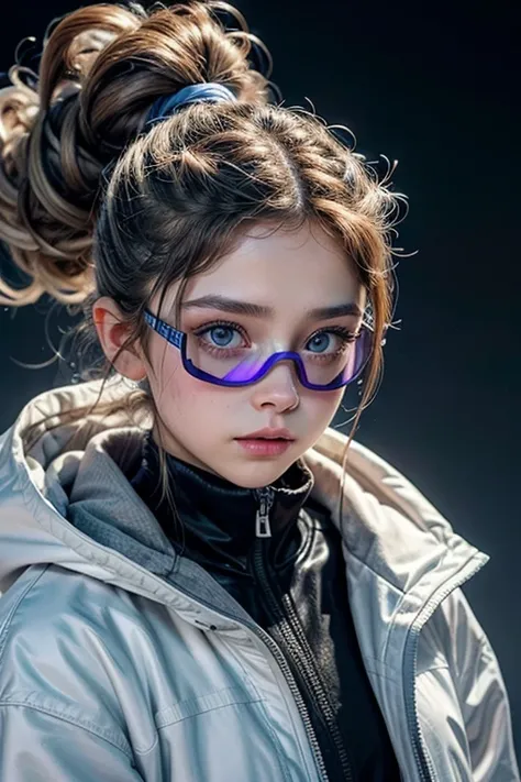 Masterpiece, whole body. The best image quality, extreme liveliness, Karol Sevilla with curly ponytail, small figure, white functional coat, little, blue-violet gradient ski goggles, cyberpunk, gray hair, Natural casual style, dynamic posture, golden secti...