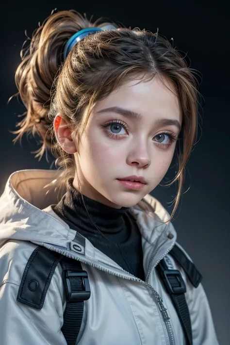 Masterpiece, whole body. The best image quality, extreme liveliness, beautiful Karol Sevilla with curly ponytail, small figure, white functional coat, little, blue-violet gradient ski goggles, cyberpunk, gray hair, Natural casual style, dynamic posture, go...