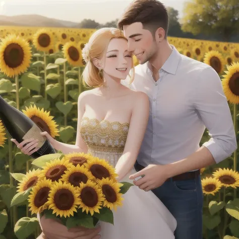 couple celebrating a birthday in front of a champagne tower decorated with sunflowers