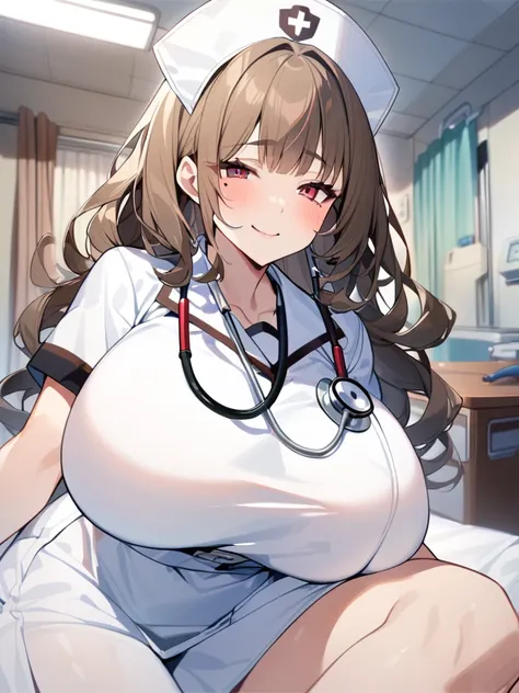 1 adult female、35-year-old woman、Huge breasts:1.5、sagging breast:1.5、Brown Hair、Light red eyes、Wavy Hair、Bobcut、milf、potbelly、Worried brow、smile、mole under eye、White nursing uniform、nurse、hospital、Hospital room、深夜のHospital room、Stethoscope