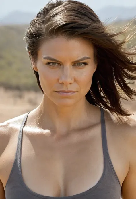 high quality  erotic shot of (lauren_cohan) lauren cohan ,movie  still , extremely long straight hair , (armpits visible , one h...