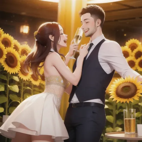 a couple celebrating a birthday in front of a champagne tower decorated with sunflowers at a cabaret club