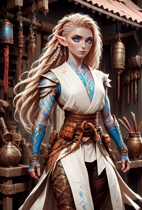 d&d character art. athletic slender female elf. colorful tribal and rune tattoos, 150cm in hight, big blue eyes,long wild blond ...