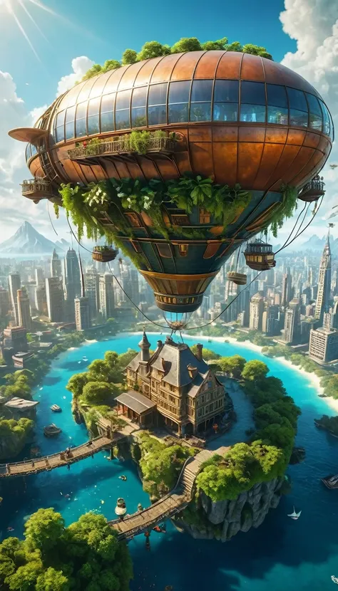 many islands are floating in the air, a small tourist airship is flying around, city, fantasy, a magical plant grows, extreme de...