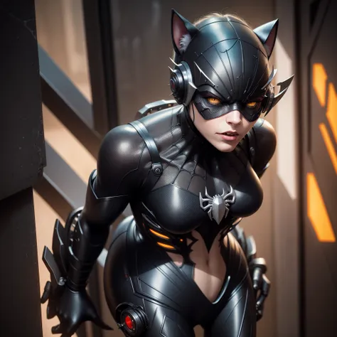 black cat spiderman character, like a cyborg, cyberpunk style, mechanical body, organic face, sensual ladyboy