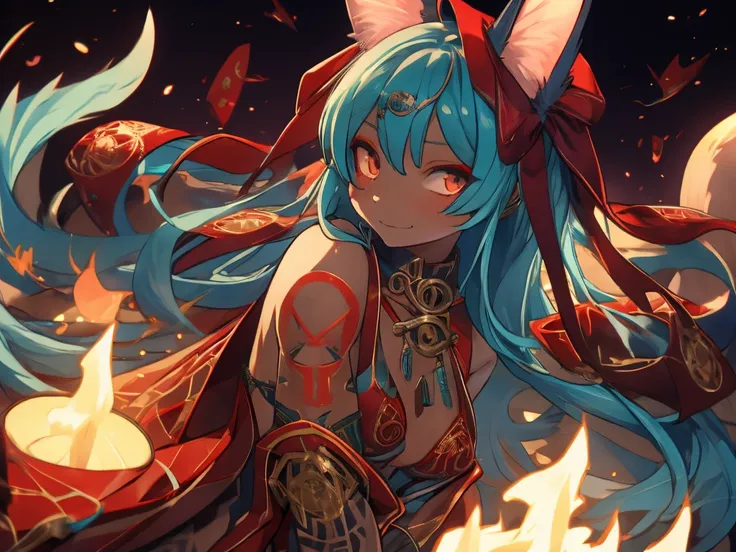 miku hatsune, high definition, kitsune ears, tribal tattoo, gorgerous girl, small breasts add_detail, magician girl add_detail