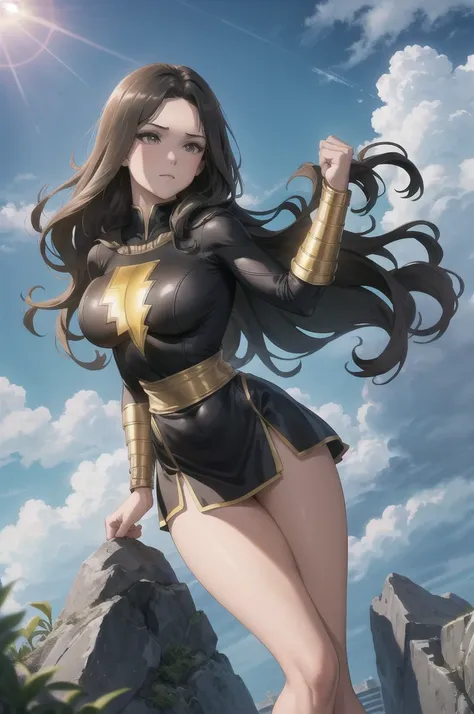 masterpiece, best quality,  mary marvel, black dress, black skirt, long sleeves, bracer, large breasts, skintight, wide hips, le...