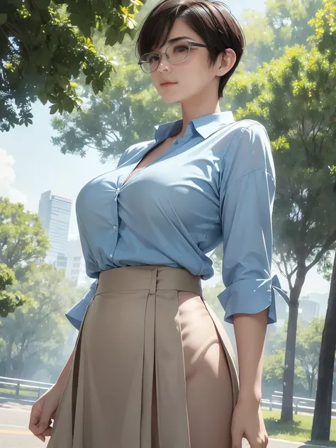 Mature Woman　(short hair)　(Pixie Cut)　plump　　Attractive appearance　Short brown hair with bangs　Rimless Glasses　Big eyes　Expressions of joy　　Very large breasts　A fitted light blue shirt and a knee-length grey flared skirt　at the park　　masterpiece　humidity　　...