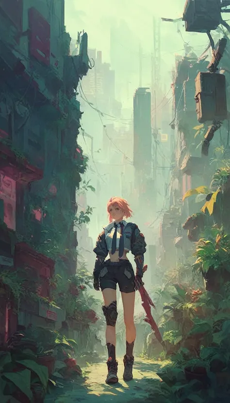 eve (star_blade), one, body, tie, an abandoned cyberpunk city, overgrown with plants, standing, i&#39;m looking at the viewer, b...