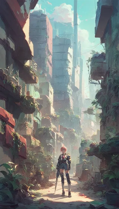 eve (star_blade), one, body, tie, an abandoned cyberpunk city, overgrown with plants, standing, i&#39;m looking at the viewer, b...