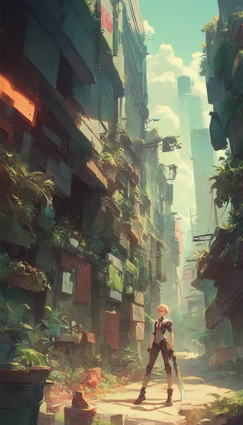 eve (star_blade), one, body, tie, an abandoned cyberpunk city, overgrown with plants, standing, i&#39;m looking at the viewer, b...