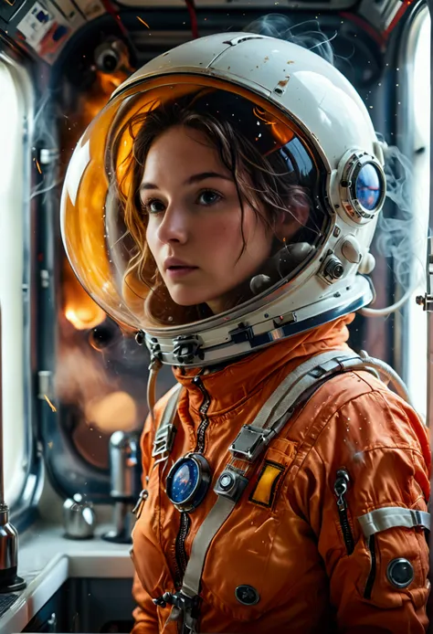 female astronaut j0rd7nj0n3s (slightly embarrassed, sponge bath, nude, hand bra) in space station restroom, beautiful face, realistic photo, (portrait), [smoke], [haze], natural lighting, shallow depth of field, photographed on a Canon EOS-1D X Mark III, 5...