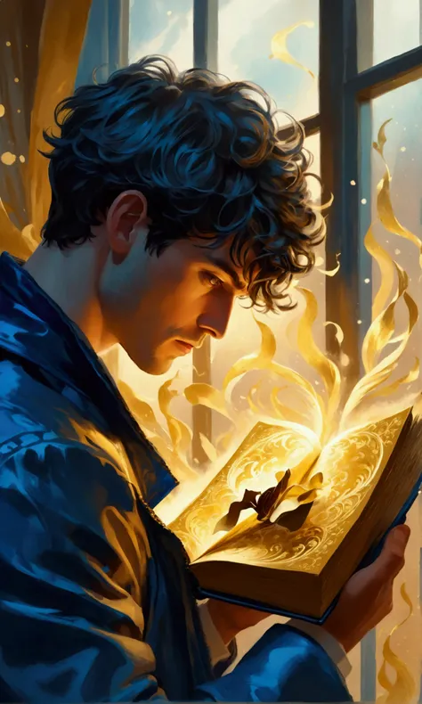 POV, a man with blue jacket open a gold pages pop up book with a paper family crafted in the pages. In the background the book glow with golden and blue light waves illuminating the dark room. burst of wind waves the mist of a dark room. Thick wavy Brush s...