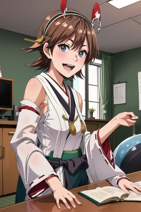 Highest quality, masterpiece, High resolution, 一人in, {Hiei Kai-2_Fleet Collection:1.15}, brown_hair, short_hair, hairband, headgear, Non-traditional_Shrine maiden, smile, green_eye, Inverted up_hair, Open_mouth, One girl, independent_sleeve, Japanese_Cloth...