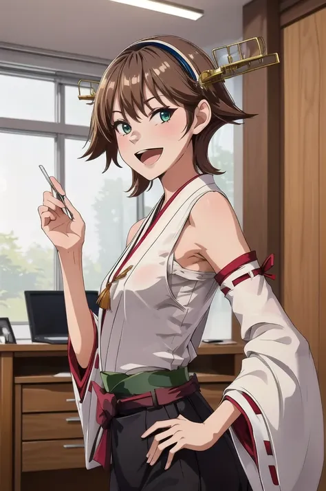 Highest quality, masterpiece, High resolution, 一人in, {Hiei Kai-2_Fleet Collection:1.15}, brown_hair, short_hair, hairband, headgear, Non-traditional_Shrine maiden, smile, green_eye, Inverted up_hair, Open_mouth, One girl, independent_sleeve, Japanese_Cloth...