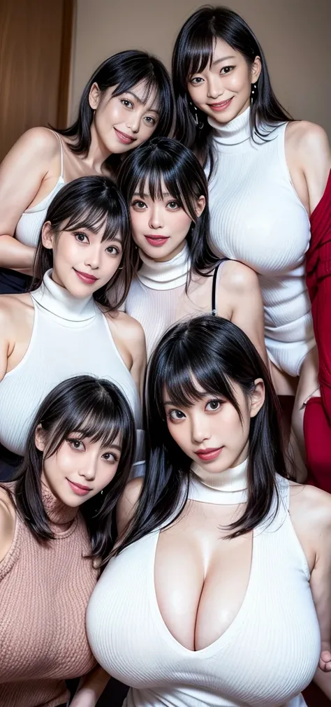 (((A group photo of the top 3 beautiful Japanese moms)))、Everyone has different types and hairstyles, but they are beautiful.、((All of them are obscene and have long breasts that are too big.))、different sexual poses、All wearing turtleneck sleeveless knit ...