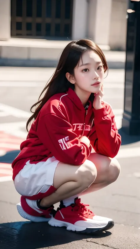 Best quality，masterpiece，16k，A girl，Wear sportswear，Squat on the street，not wearing shoes