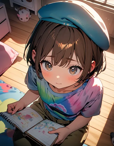 (8K, best quality, master piece: 1.2),super high resolution,1 girl,16yo,solo,ultra-detailed face,deep detailed eyes,Shiny Brown hair,short hair,Beret,tye dye tee,khaki gaucho pants,The girl is drawing on her shoulder in a sketchbook. The sketchbook has ill...