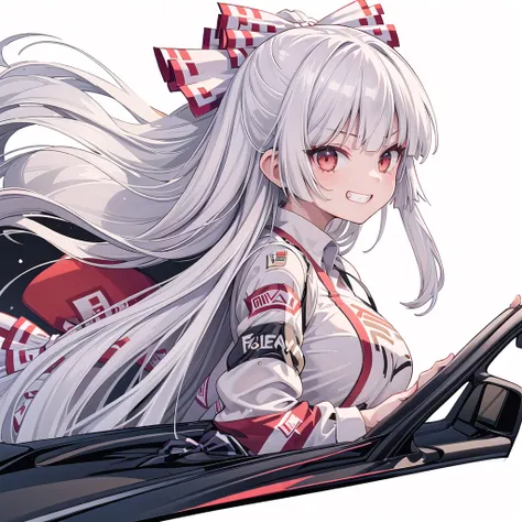 (((one girl))),(((fujiwara no mokou))),(((car racing wear))),(((grin))),(((upper body))),(((large breasts))),(((simple white background))),(((Side angle)))