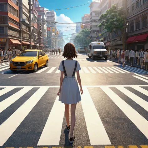 anime 3d, standing man looking back, beautiful girl walking happily, city crowds, city streets, road crossing lights, zebra cross, enchanted by her beauty, midday, beautiful,