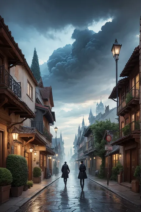 The drawing style appears to be fantastical realism or surrealism. The image combines realistic elements, like the person walking down the street, with fantastic and magical elements, like the gnarled trees and the cloudy sky. This mix of reality and fanta...