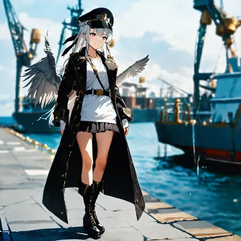 A woman wearing a long-sleeved black jacket with gold details, open jacket, white womens t-shirt, black skirt with gold details, black metal boots, wearing a white military hat with black, white and gold details, standing, with an eagle hanging from his ra...