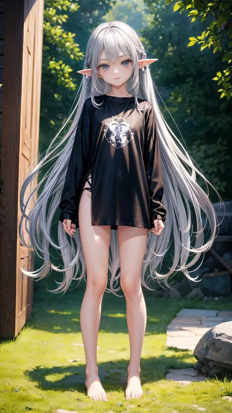 Elf Girl、8-year-old、Medium-long silver hair、Silver Eyes、Only a big black short-sleeved T-shirt、No bottoms worn、barefoot、Seductive expression、whole body、Standing posture