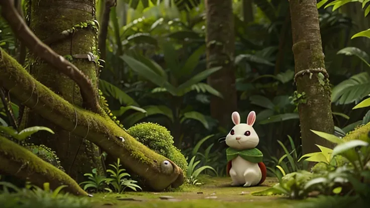 In the heart of a lush, dense jungle, a small white rabbit sits forlornly on a moss-covered rock. Its fur, a stark contrast to the vibrant greenery around, appears slightly disheveled. The rabbits large, doleful eyes gaze downward, its long ears drooping s...