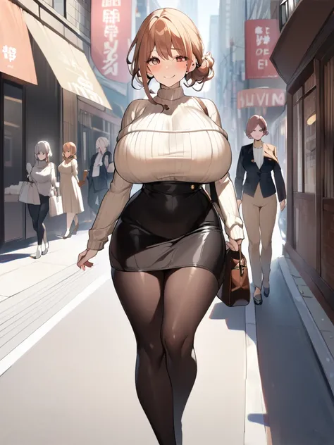 1 adult female、35-year-old woman、Huge breasts:1.5、sagging breast:1.5、Brown Hair、Light red eyes、Wavy Hair、Bobcut、living、milf、off-shoulder sweater、potbelly、Worried brow、smile、mole under eye、Gorgeous Mom、Black tight skirt、Walking elegantly through the city