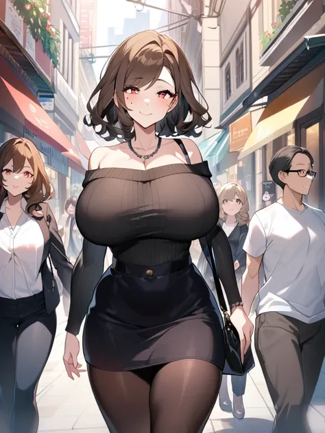 1 adult female、35-year-old woman、Huge breasts:1.5、sagging breast:1.5、Brown Hair、Light red eyes、Wavy Hair、Bobcut、living、milf、off-shoulder sweater、potbelly、Worried brow、smile、mole under eye、Gorgeous Mom、Black tight skirt、Walking elegantly through the city