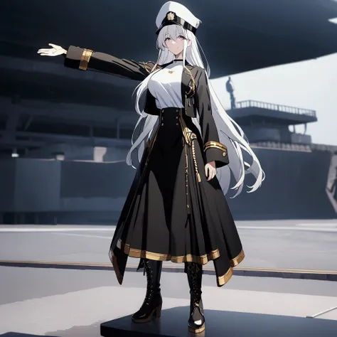 A woman wearing a long-sleeved black jacket with gold details, open jacket, white womens t-shirt, black skirt with gold details, black metal boots, wearing a white military hat with black, white and gold details, standing, with an eagle hanging from his ra...