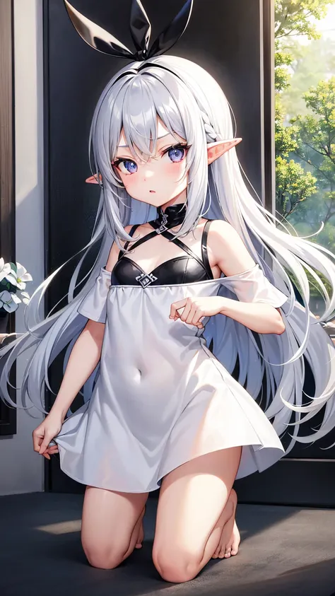 Elf Girl、8-year-old、Medium-long silver hair、Silver Eyes、Only a big black short-sleeved T-shirt、No bottoms worn、barefoot、Seductive expression、whole body、Standing posture
